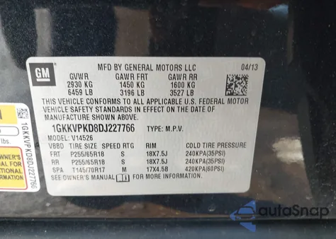 2013 GMC Acadia Sle-2 from USA, damaged, VIN 1GKKVPKD8DJ227766